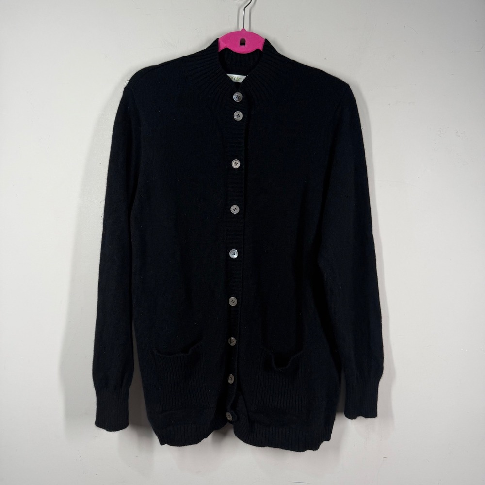 Orvis Womens 100% Cashmere Cardigan Sweater Black Mock Neck Button Front Sz L